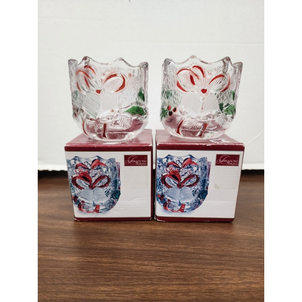Celebrations By Mikasa Crystal Votive Candle Holder Christmas Holiday Bells Lot